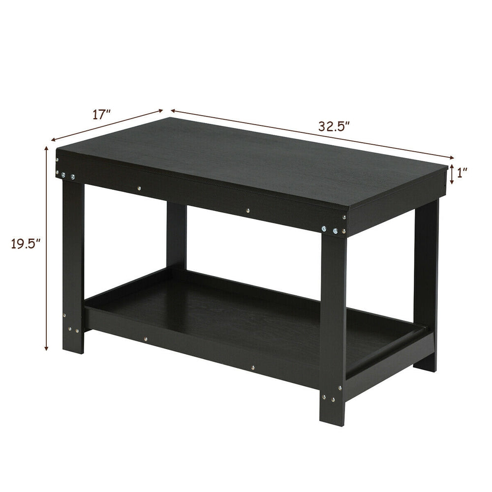 Solid dark brown wood kids activity play table with storage shelf, ideal for learning and play, measuring.