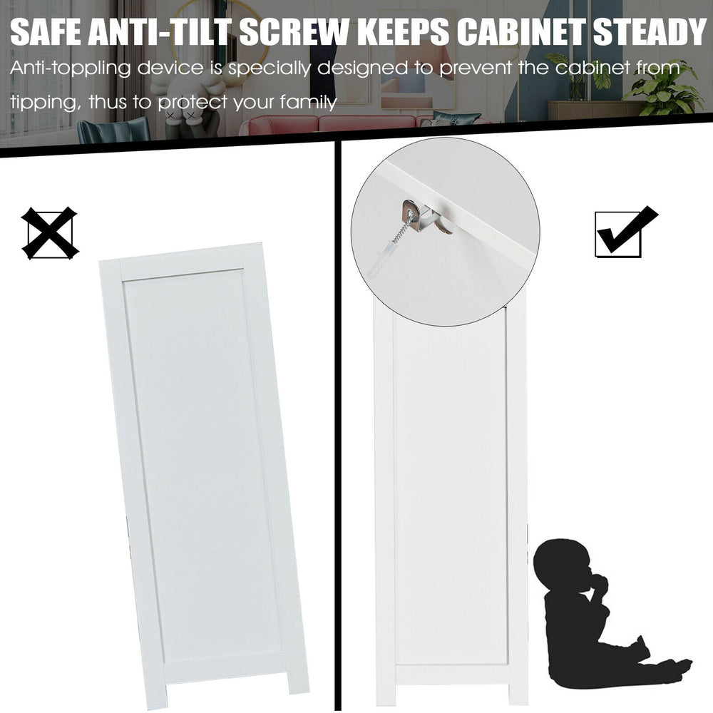 Wooden bathroom floor storage cabinet with anti-tilt screw, adjustable shelves, and large drawer for organized storage.