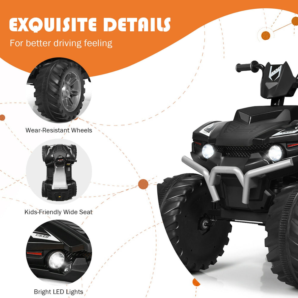 Close-up of the 12V Kids Ride on ATV featuring wear-resistant wheels, LED lights, and a kids-friendly wide seat for.