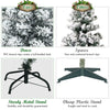Snow flocked pencil Christmas tree with 242 branch tips and 150 warm LED lights, perfect for small spaces.
