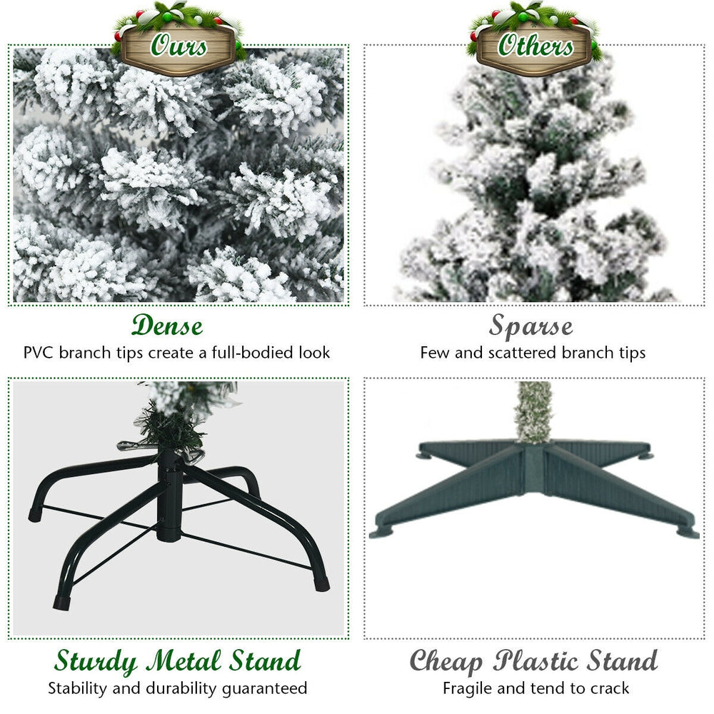 Snow flocked pencil Christmas tree with 242 branch tips and 150 warm LED lights, perfect for small spaces.