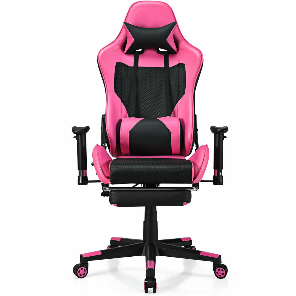 Pink PU leather gaming chair with adjustable armrests, lumbar massage pillow, and retractable footrest for ultimate.