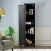 Sleek black linen tower storage cabinet featuring a modern design, four shelves, perfect for stylish organization in.