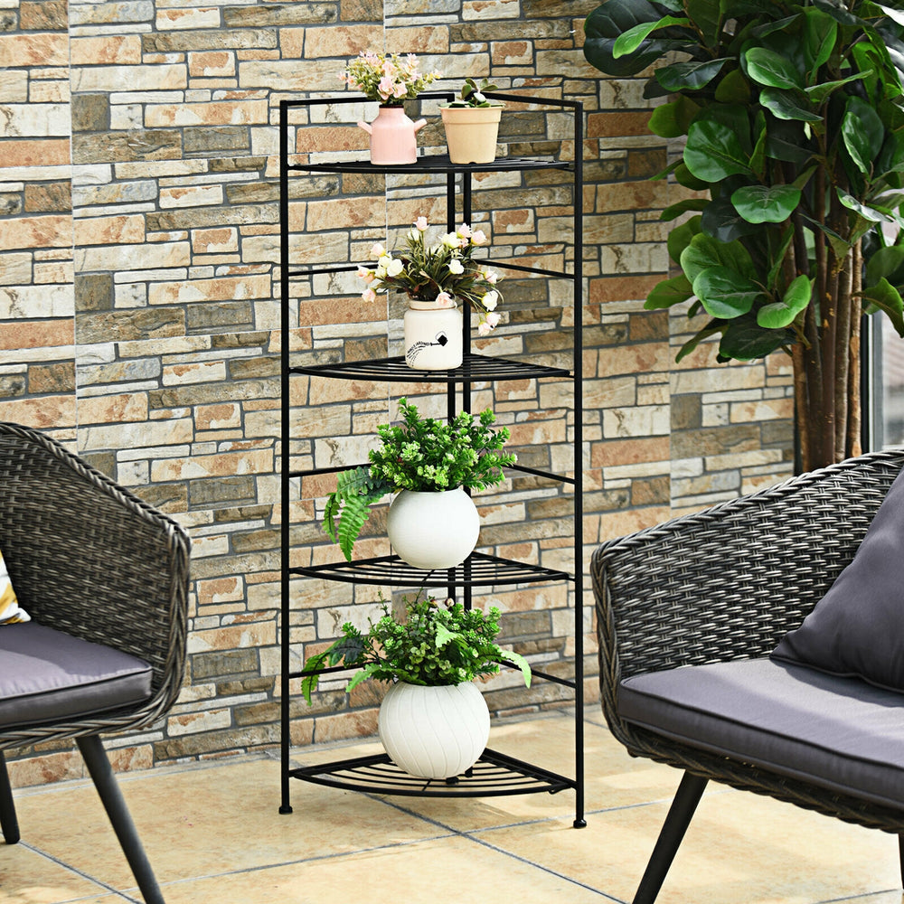 Four-tier folding metal plant stand with a heavy-duty steel frame, perfect for outdoor decor and space-saving storage.