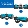 4-piece outdoor patio rattan furniture set with turquoise cushions, featuring a sectional sofa and storage coffee table.