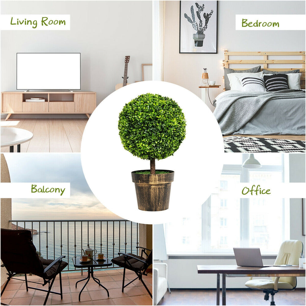 Artificial boxwood topiary ball tree in a cement pot, perfect for indoor and outdoor decoration in various settings.