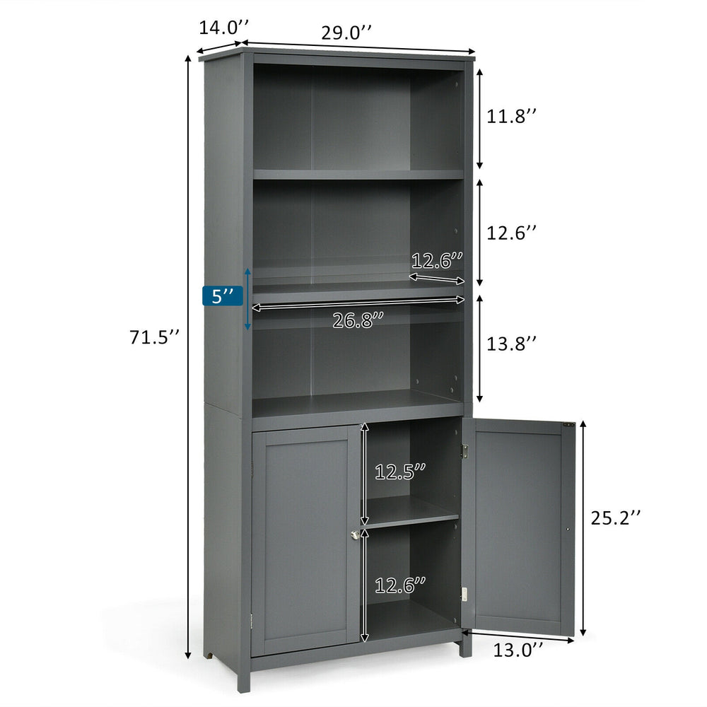 Gray wooden bookcase with adjustable shelves and bottom cabinet, ideal for organizing books and decor in any room.