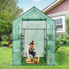 Walk-in greenhouse with observation windows, made of PE material, featuring a roll-up door and eight shelves for plants.