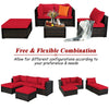 5-piece patio rattan sofa set in red with cushions and ottoman, perfect for outdoor relaxation and flexible.