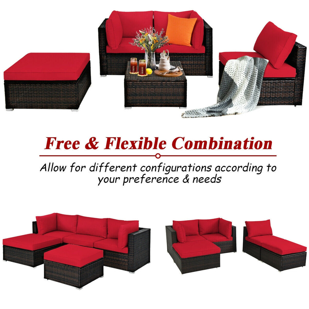 5-piece patio rattan sofa set in red with cushions and ottoman, perfect for outdoor relaxation and flexible.