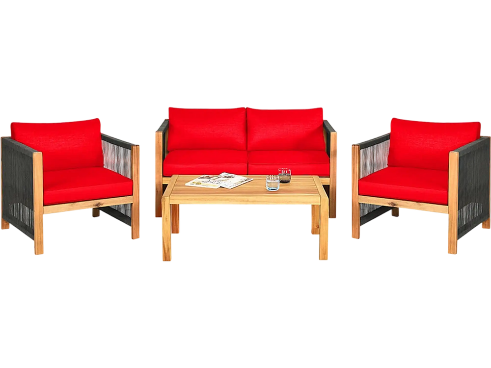 4-piece acacia wood outdoor patio furniture set with red cushions, featuring a loveseat and two chairs for versatile.