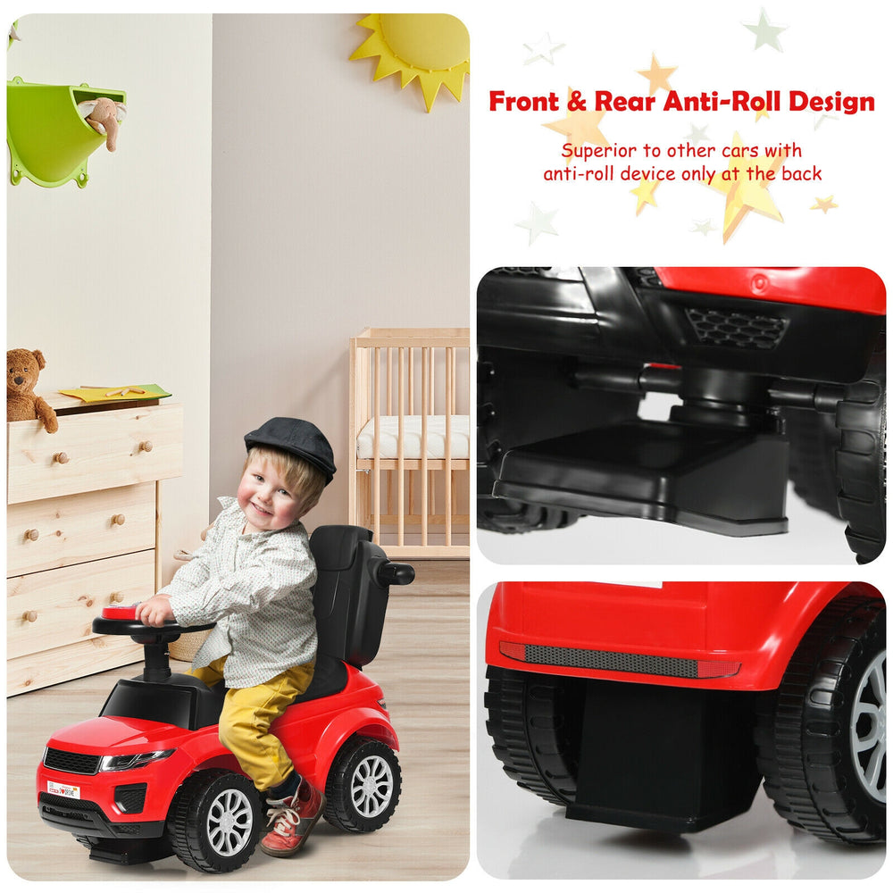 Red 3-in-1 ride-on push car with anti-roll design, suitable for toddlers aged 12-36 months, featuring storage and music.