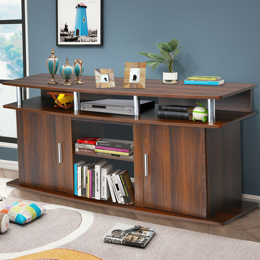 Walnut 63-inch TV entertainment console with 2 cabinets and open shelves, perfect for living room or bedroom storage.