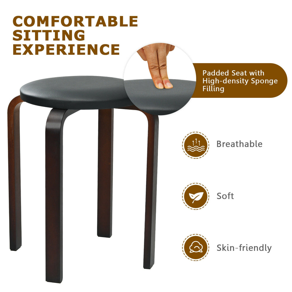 Round stool with padded seat and bentwood legs, stackable design in black for space-saving dining solutions.