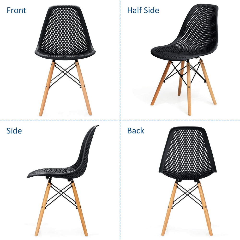 Black plastic hollow chair with beech wood legs, showcasing ergonomic design and modern style for dining or office use.