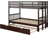 Twin pull-out bunk bed with trundle in espresso, showcasing a wooden ladder and sturdy slats for enhanced durability.