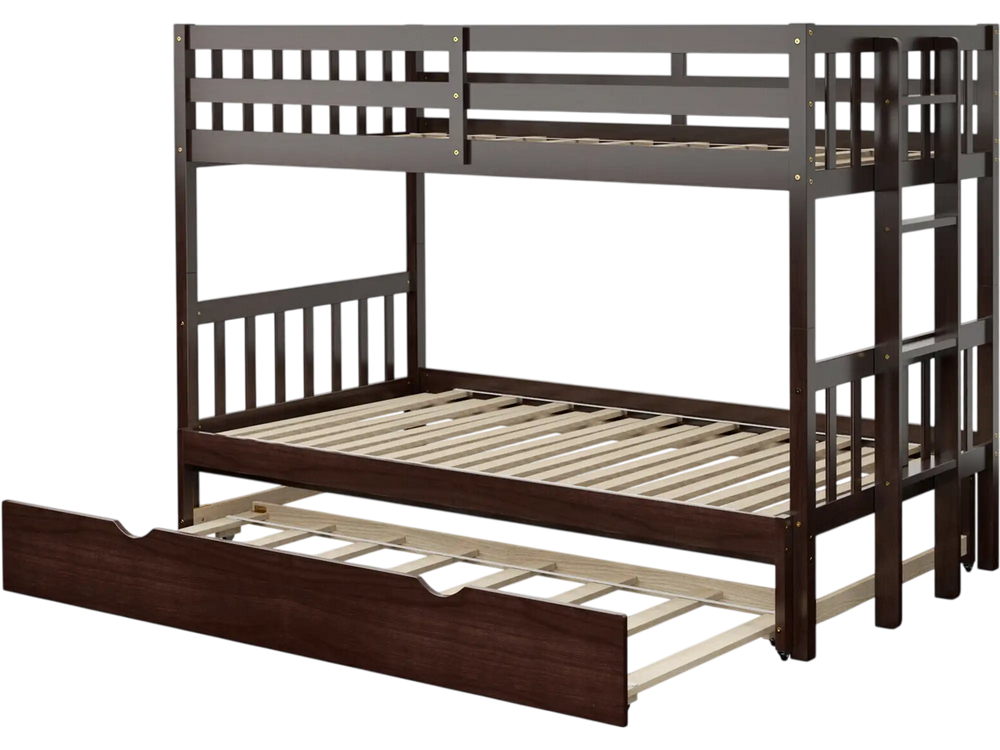 Twin pull-out bunk bed with trundle in espresso, showcasing a wooden ladder and sturdy slats for enhanced durability.