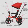 4-in-1 kids tricycle in red with adjustable push handle, removable canopy, and safety guardrail for ages 10 months to 5.