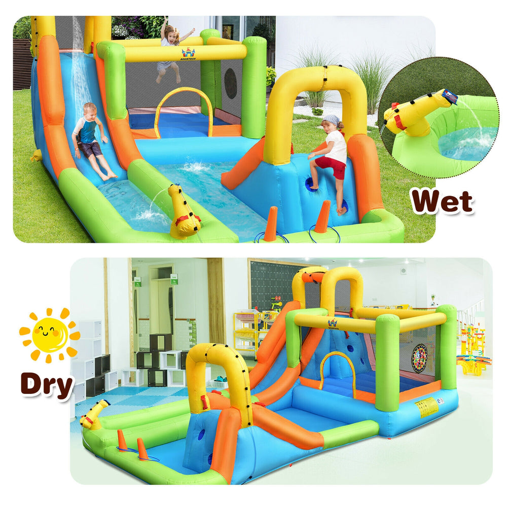 Inflatable water slide park with climbing wall and water gun, made of durable oxford cloth for outdoor fun.