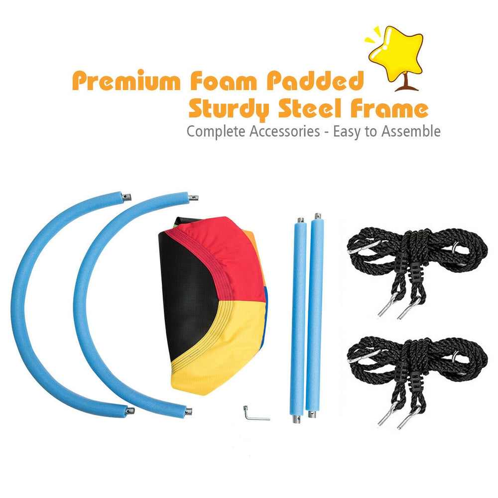 Colorful 60-inch saucer swing set with sturdy steel frame and adjustable ropes, perfect for outdoor play and family fun.