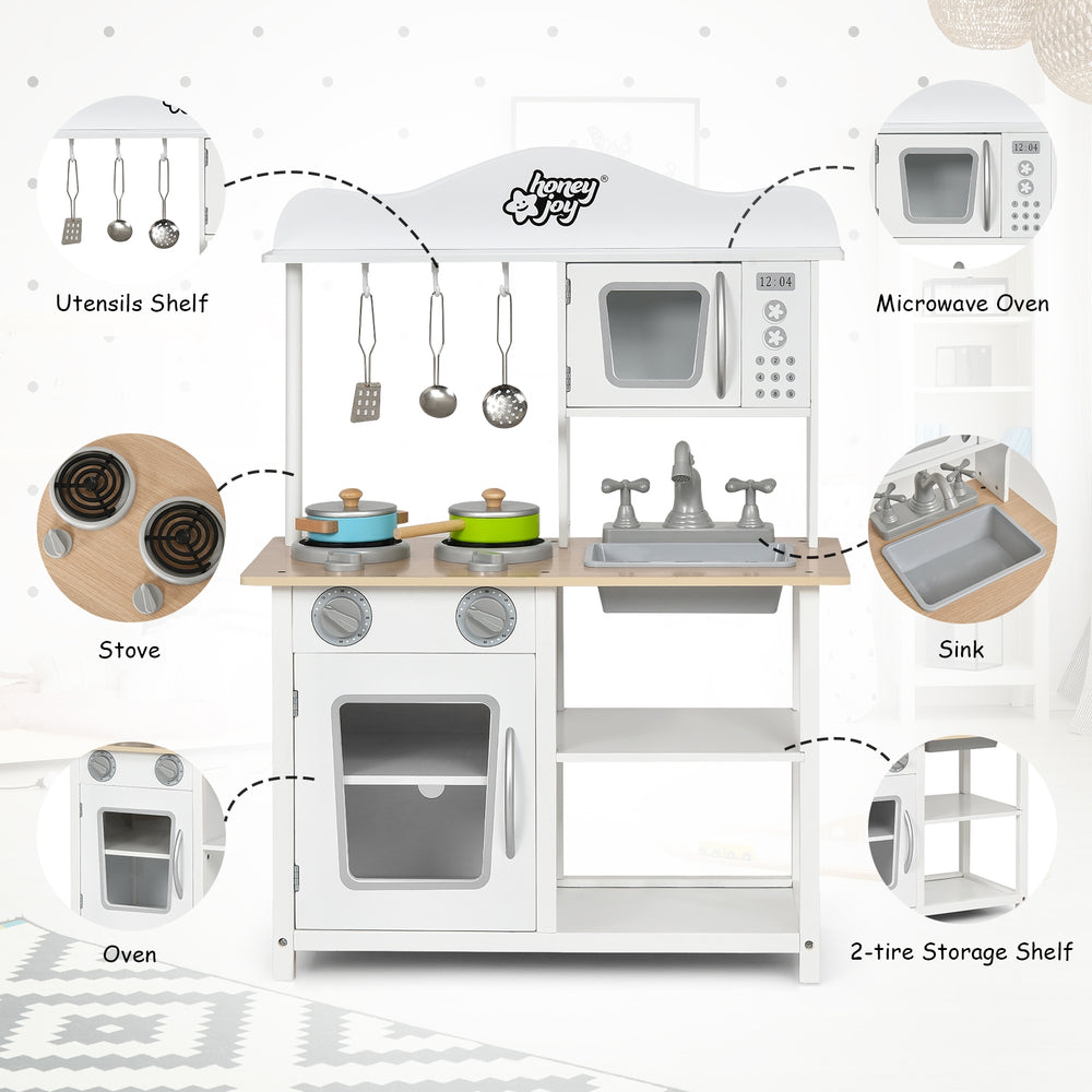 Wooden pretend play kitchen set for kids featuring a stove, sink, oven, and 2-tier storage shelf for imaginative play.