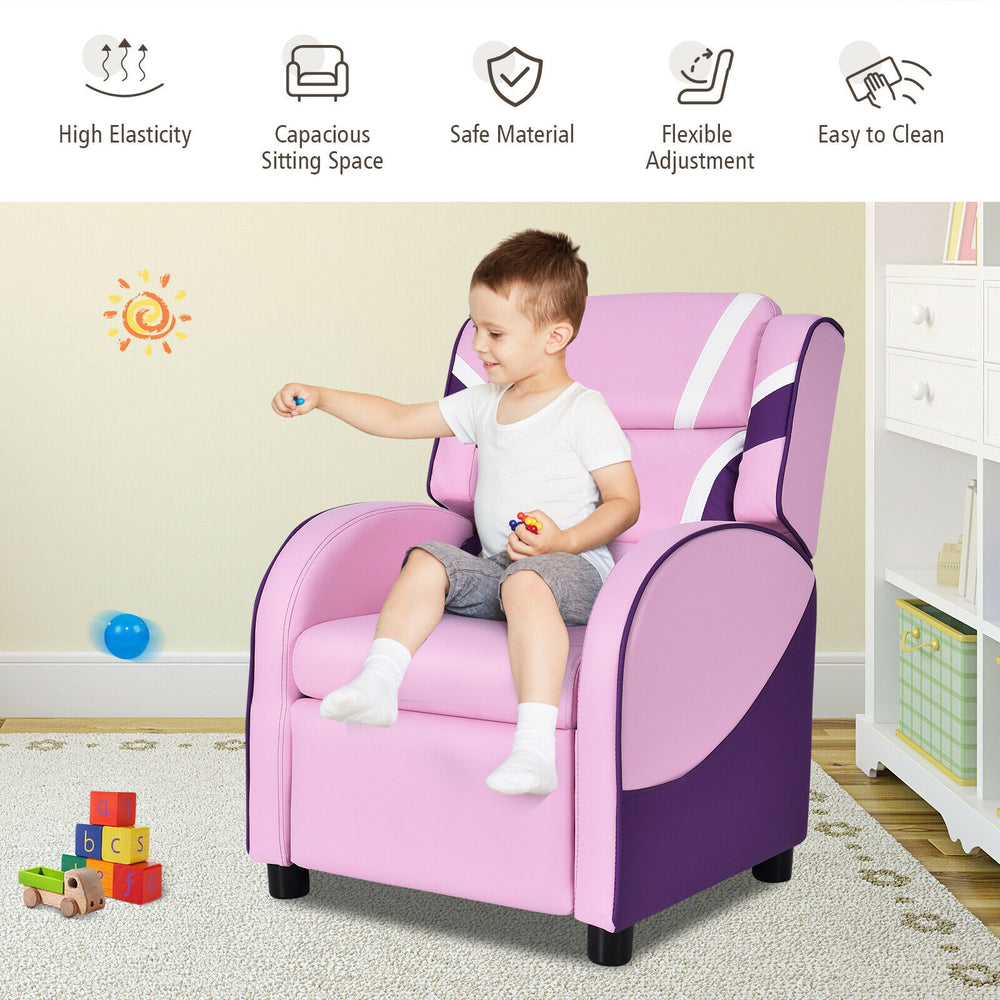Kids leather recliner chair in pink featuring side pockets and a sturdy design, ideal for kids' rooms and easy to clean.