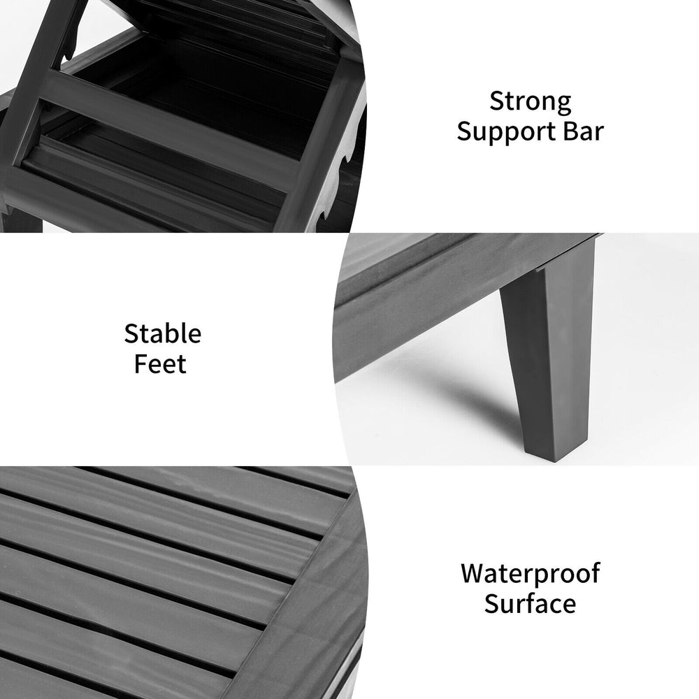 Close-up of the waterproof surface and stable feet of the black outdoor recliner chair for patio relaxation.