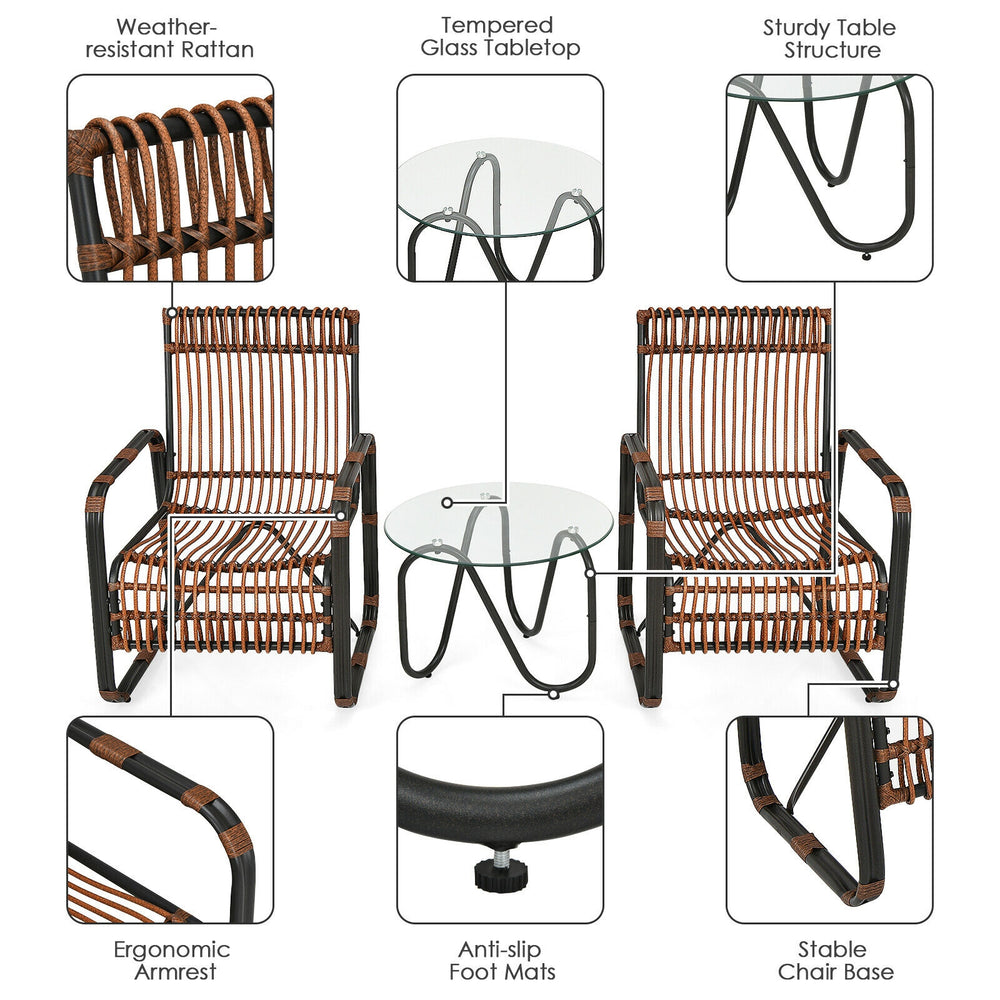 Two ergonomic wicker chairs with a tempered glass side table in a patio rattan furniture set for outdoor relaxation.