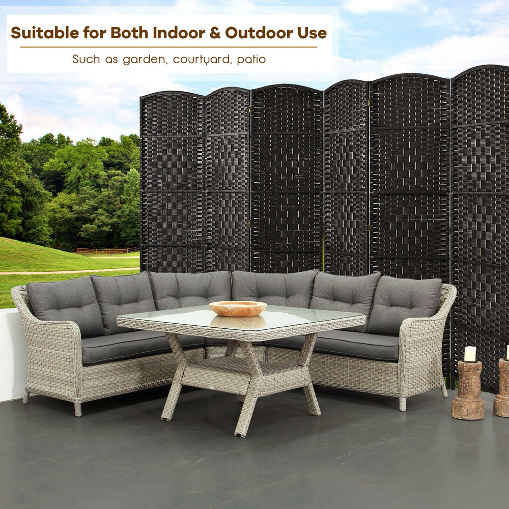 6-panel folding room divider screen in black, 6.5 ft tall, made of durable poplar and handwoven fiber rattan for.