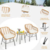 Cushioned rattan chair set with a round table, sturdy steel frame, and anti-slip foot pads for outdoor relaxation.