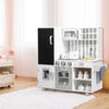 Wooden pretend play kitchen set showcasing ample storage with open shelves and enclosed cabinets for organized play.