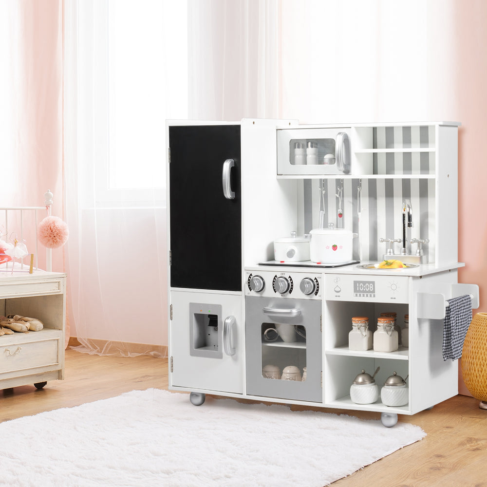 Wooden pretend play kitchen set showcasing ample storage with open shelves and enclosed cabinets for organized play.