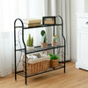 Black 3-tier metal plant stand with scrollwork design, ideal for organizing plants and decor in any space.