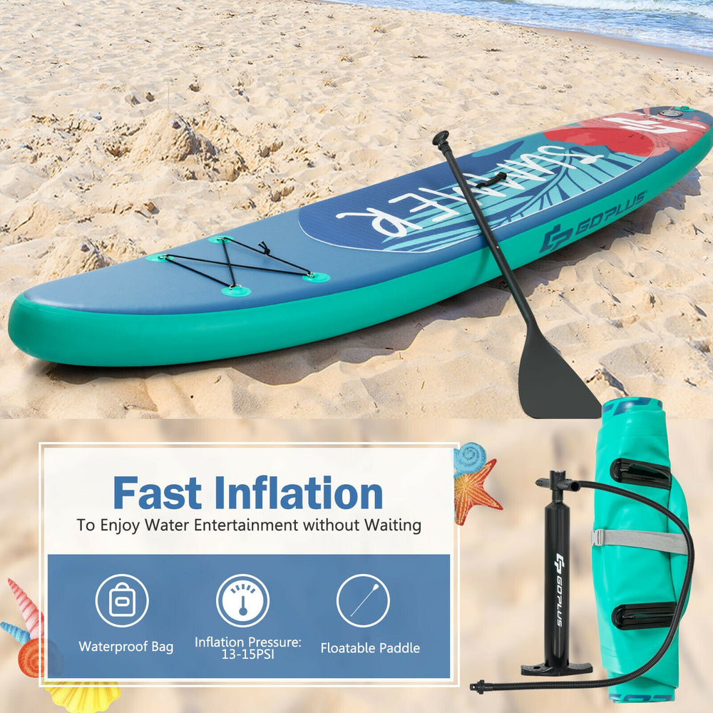 10 feet inflatable stand-up paddle board in teal and gray, ideal for water activities, includes paddle and backpack.