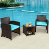 3 Pieces PE Rattan Wicker Furniture Set with Cushion Sofa Coffee Table for Garden-Turquoise - Gallery View 1 of 12