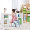 Kids vanity table set with tri-folding mirror and four storage compartments, designed for safe and stylish play.