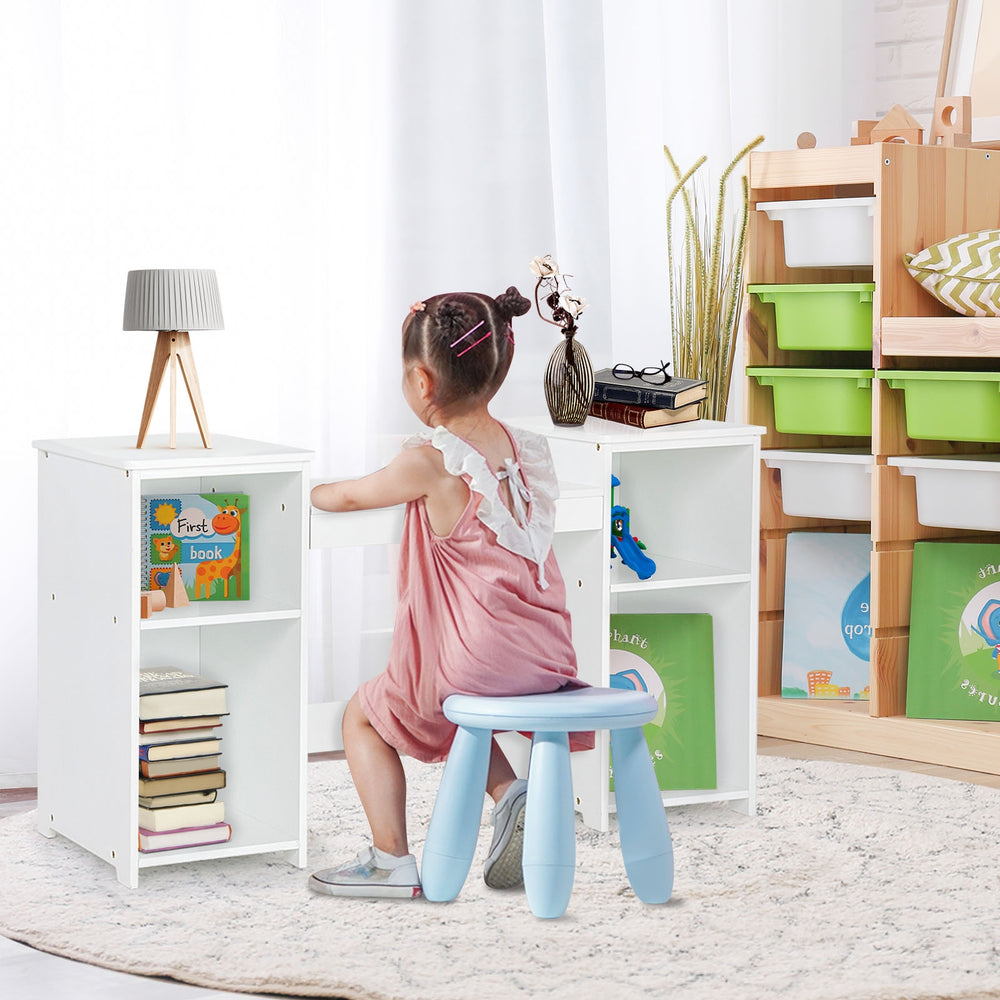 Kids vanity table set with tri-folding mirror and four storage compartments, designed for safe and stylish play.