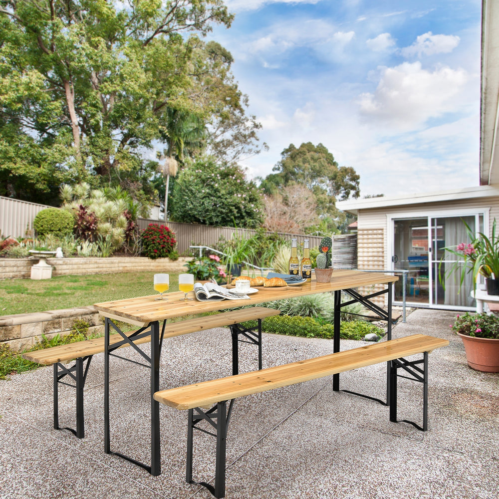Folding wooden picnic table and benches set in a garden, featuring solid fir wood and anti-rust steel frame for outdoor.