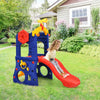 Freestanding kids slide with basketball hoop and ring toss, made of non-toxic HDPE, perfect for outdoor fun.