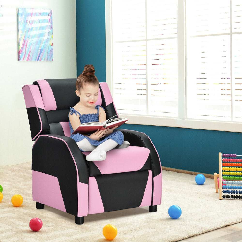 Kids youth PU leather gaming sofa recliner in pink, designed for comfort with ergonomic headrest and spacious seating.