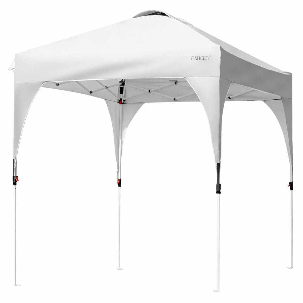 Height adjustable 6.6 x 6.6 FT white pop-up canopy tent with heavy-duty frame for outdoor shade and easy transport.