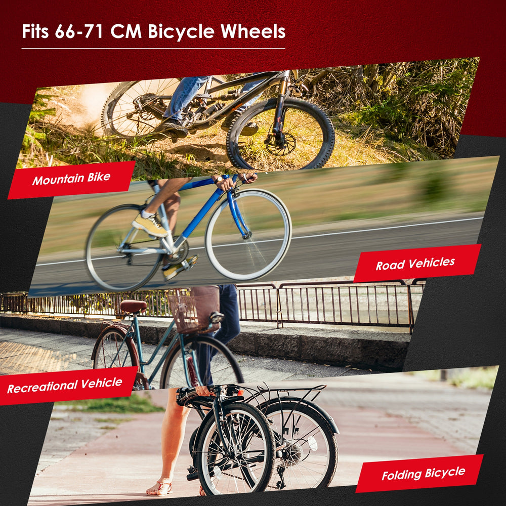 Portable folding steel bicycle training stand for 26"-28" wheels, featuring a pyramid structure for stability and.