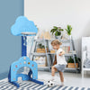 Kids playing with the blue 3-in-1 basketball hoop set, featuring adjustable height and soccer goal for indoor fun.