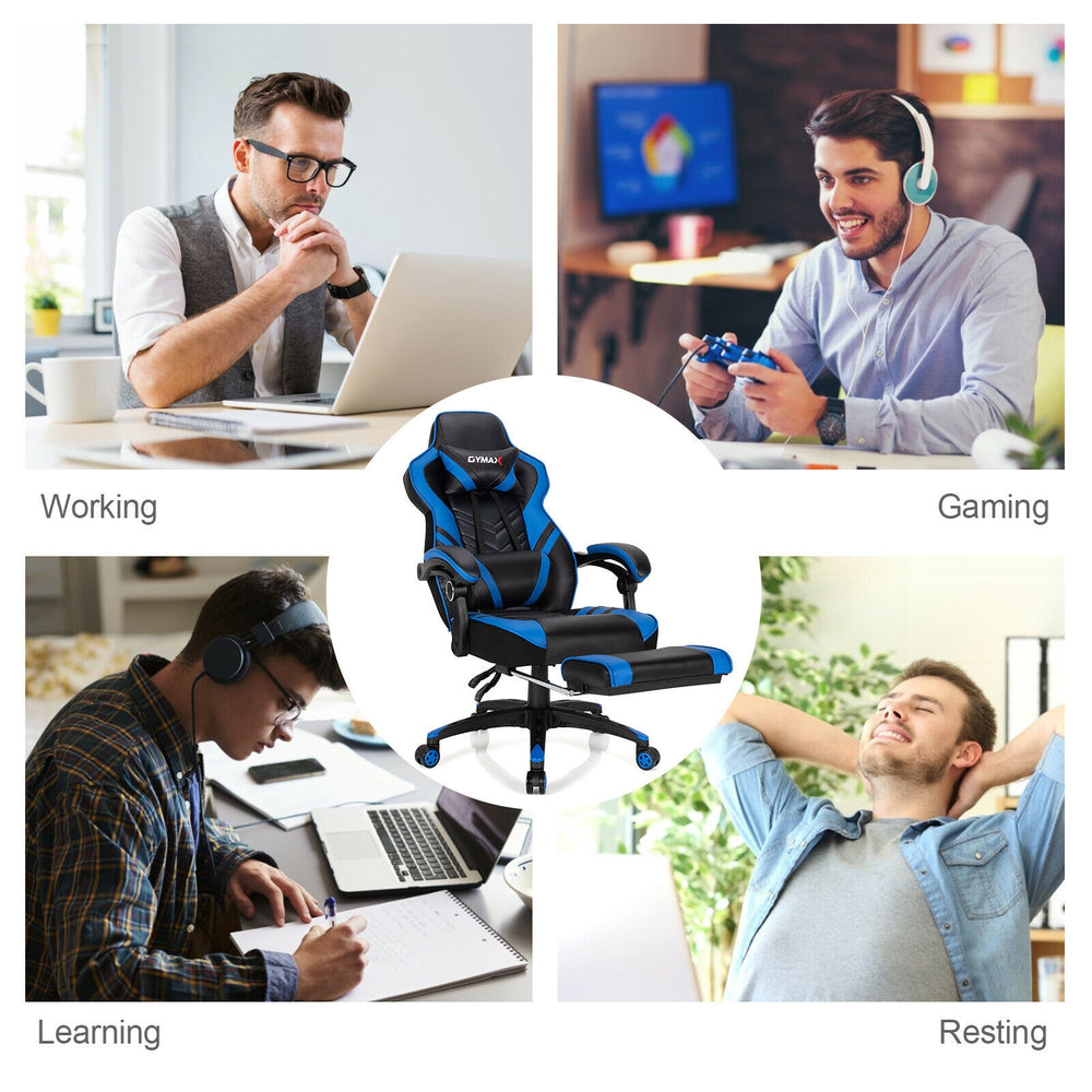 Adjustable gaming chair with footrest in blue, featuring ergonomic design for working, gaming, and resting.