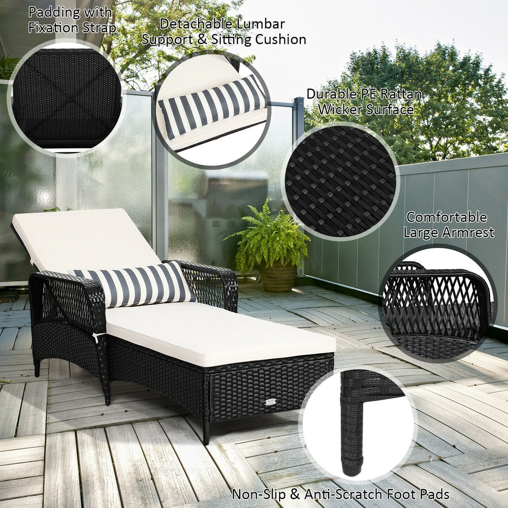 PE rattan chaise lounge chair with adjustable backrest, off-white cushion, and lumbar support for outdoor relaxation.