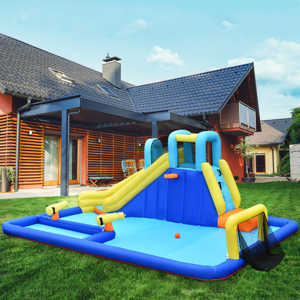 Colorful 6-in-1 inflatable water slide jumping house with multiple features for kids, perfect for summer fun in the.