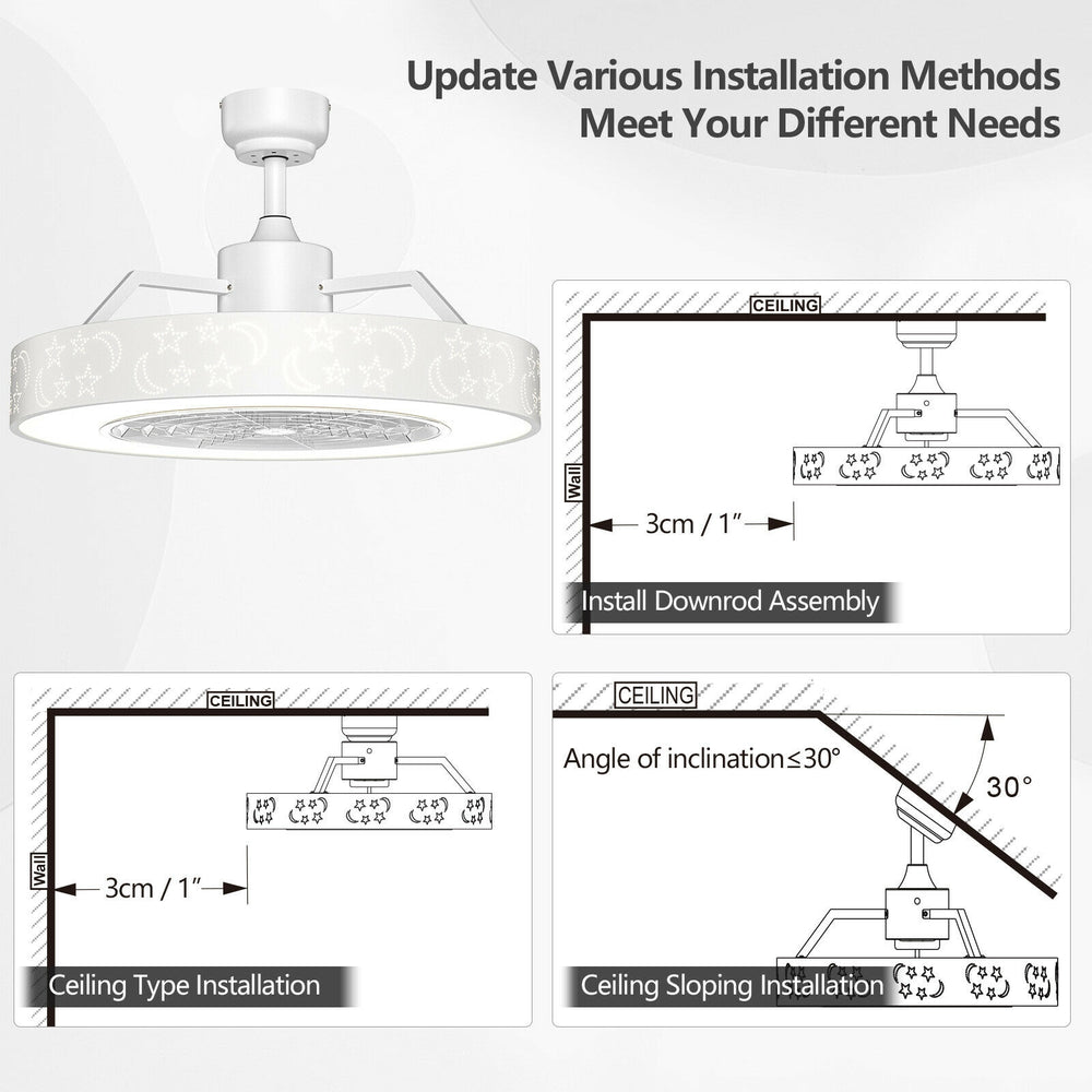 Ceiling fan with LED light and remote control, featuring a stylish starry lampshade and adjustable wind speeds for home.