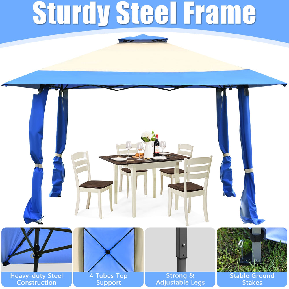 13x13 feet blue pop-up canopy tent with adjustable heights, sturdy steel frame, ideal for outdoor gatherings and events.