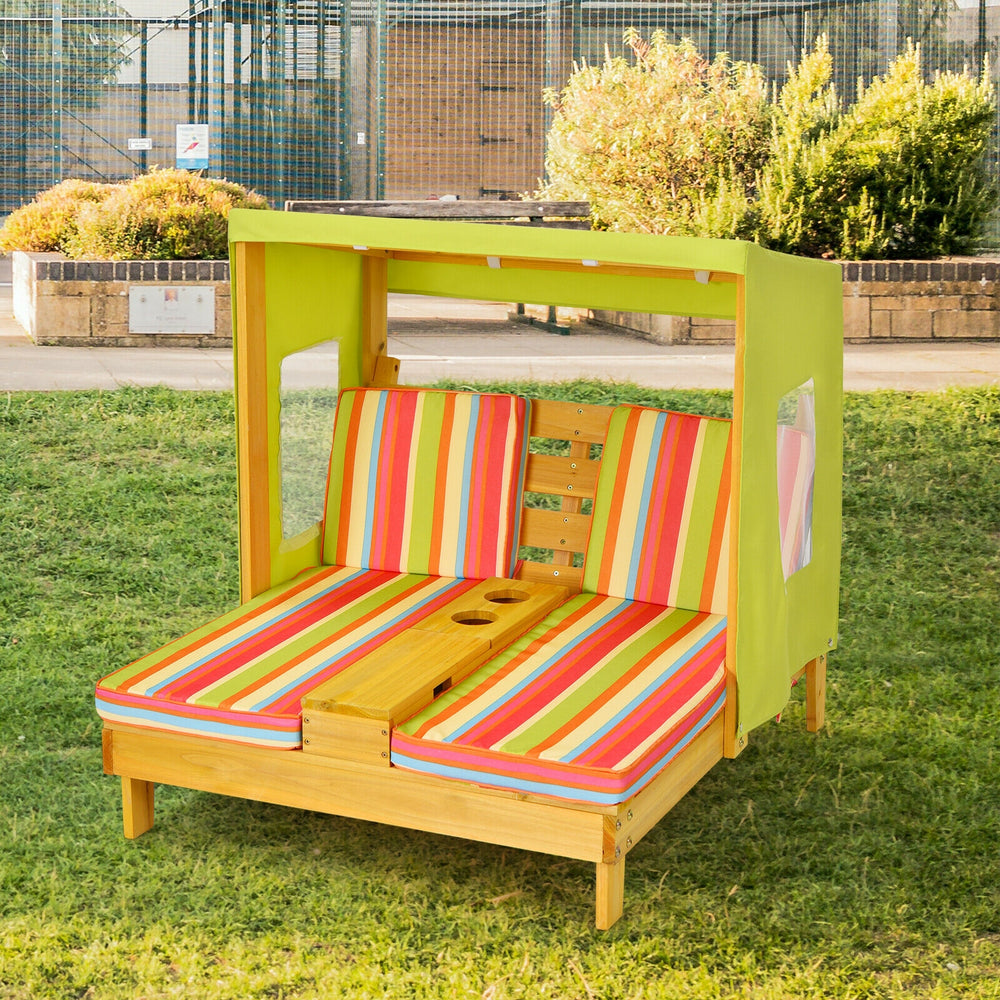 Kids patio lounge chair with awning, multicolor cushions, cup holders, perfect for backyard relaxation for two children.