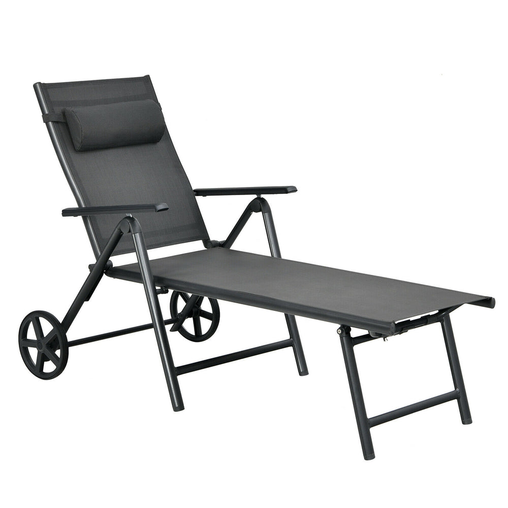Gray patio lounge chair with wheels, adjustable backrest, neck pillow, and foldable design for easy outdoor relaxation.